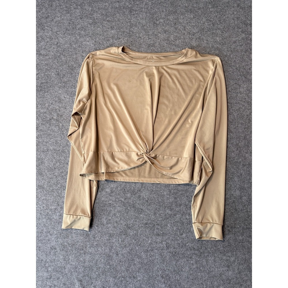 Real Essentials Twist Front Cropped T Shirt Womens 2X Beige Stretch Workout